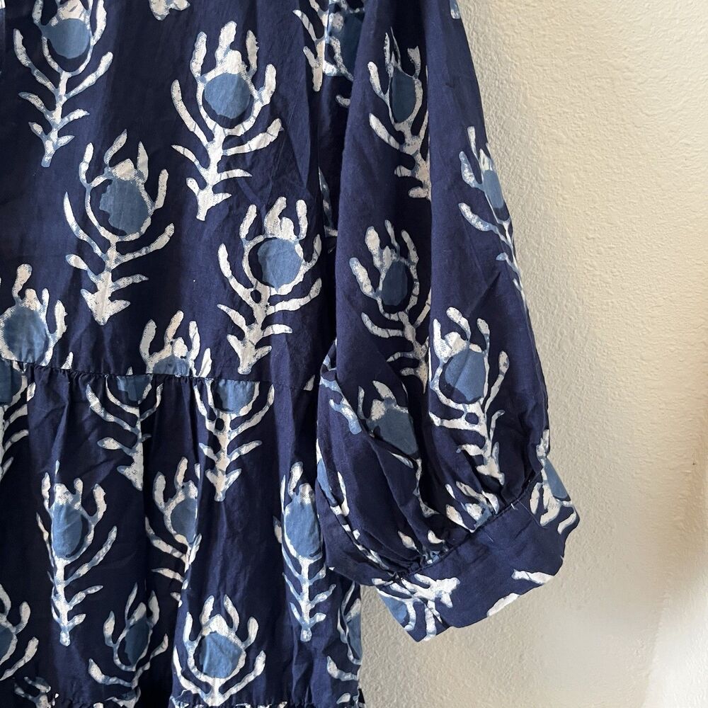 Dress Addict Women's Mini Dress Size Med Blue Batik Tiered Boho Puff Sleeve Chic - Picture 10 of 16